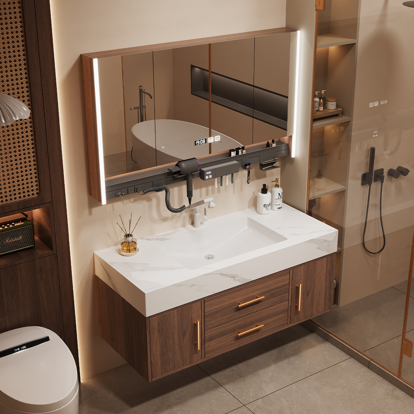 岩板陶瓷无缝盆浴室柜组合热弯一体盆卫生间洗漱台洗手洗脸盆柜