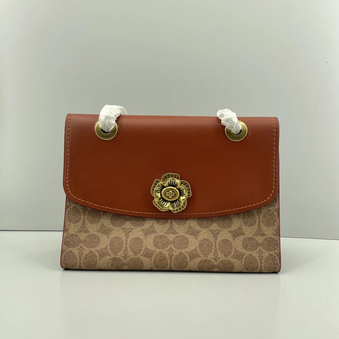 90新 COACH/蔻驰 parker26红棕老花山茶链条包26x18x10cmE020201