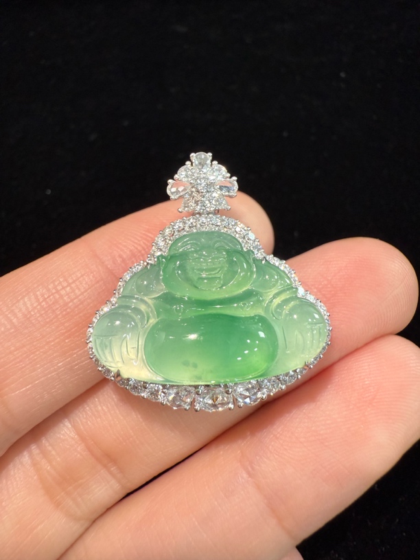 天然缅甸A货翡翠 18k高冰木纳起胶佛公吊坠