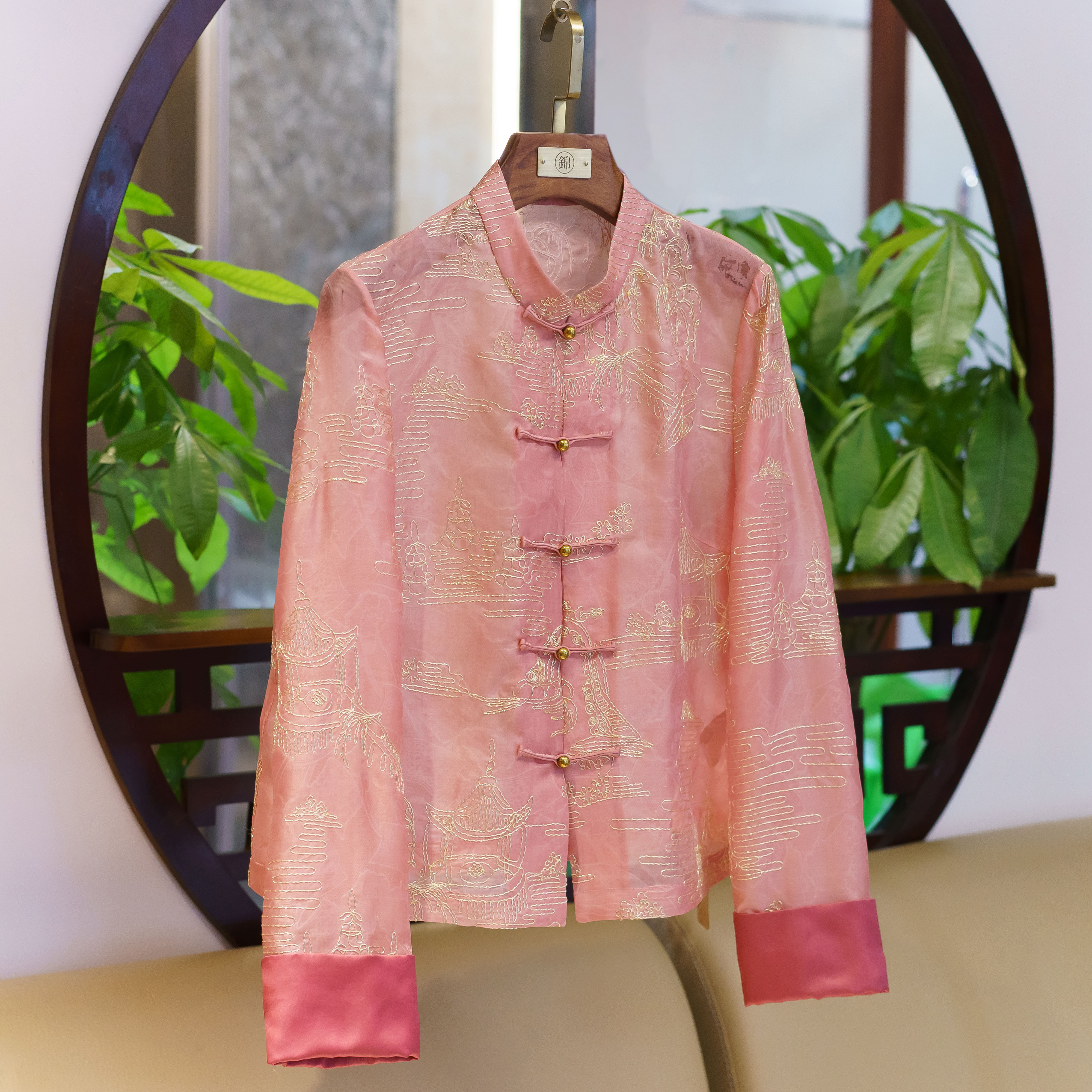 【锦系~新款】真丝欧根纱提花国风桑蚕丝绣花立领直襟外套-E-382537