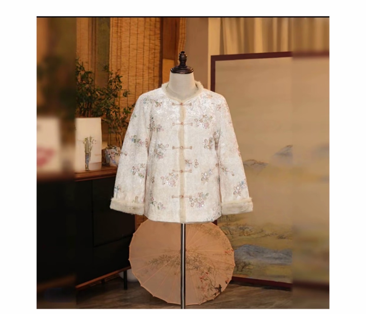 【白玉】2025重工冬季双面双穿厚款新中式国风水貂毛手工钉珠上衣女