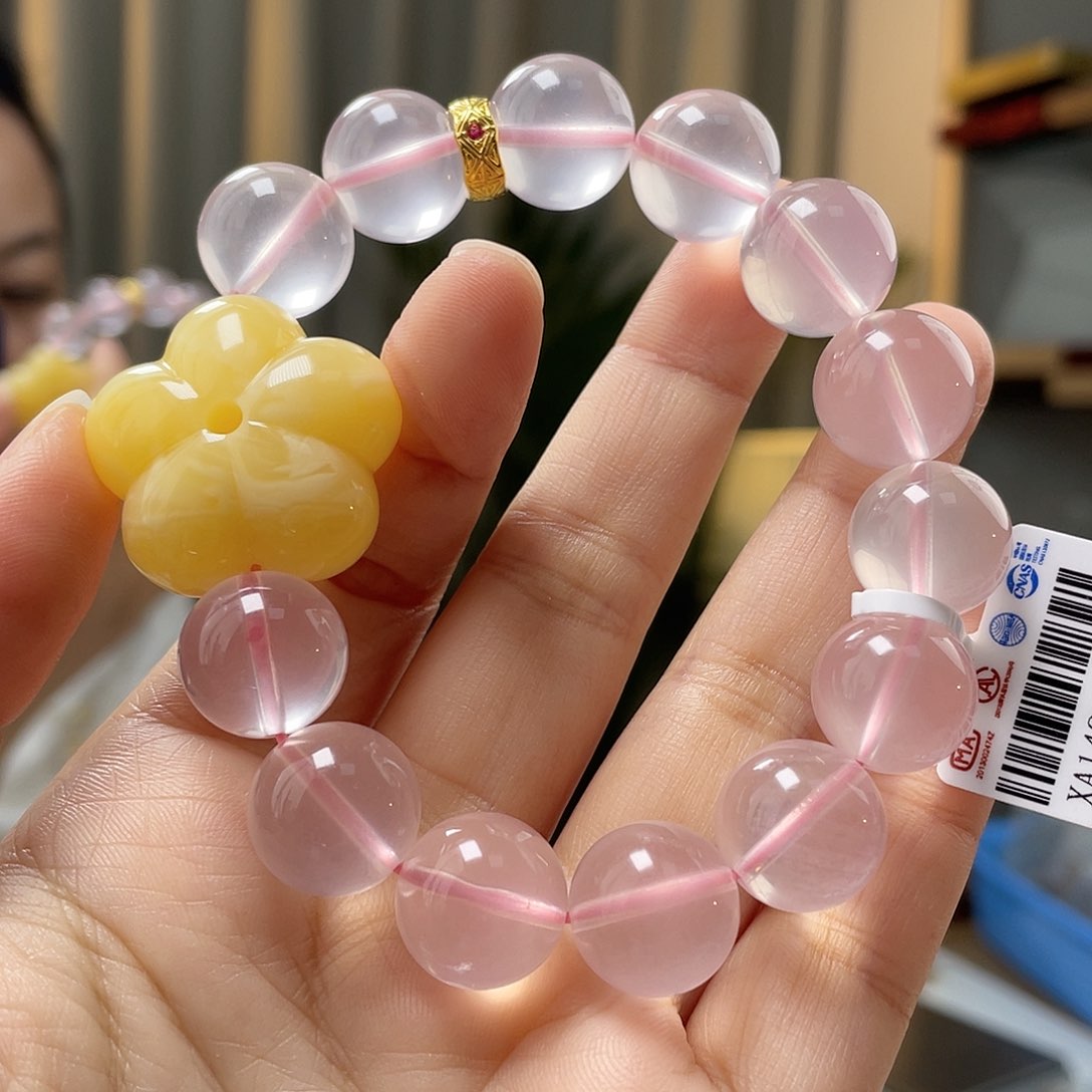 琥珀裸石18K金镶嵌蜜蜡手串