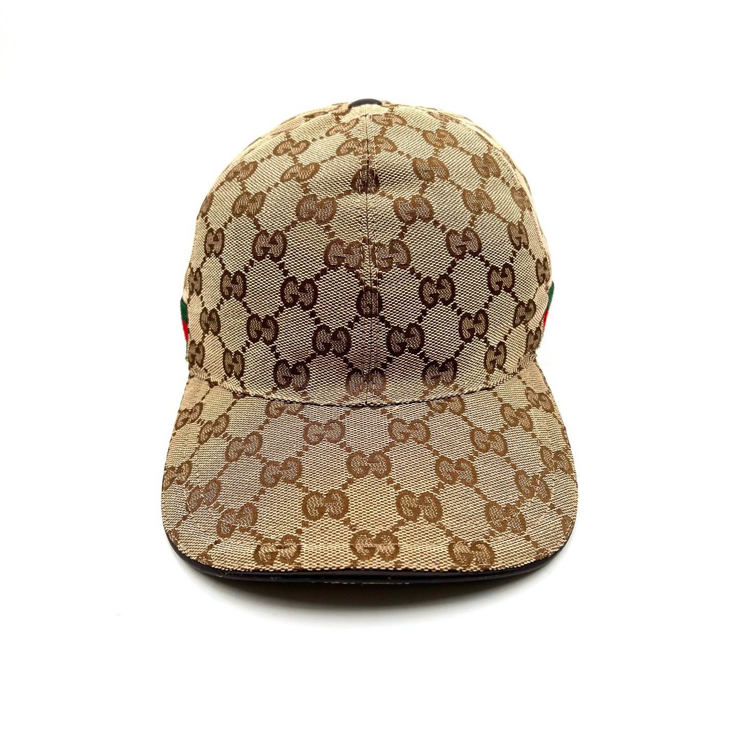 95新 GUCCI/古驰 M码/经典卡其双G满印红绿条纹鸭舌帽/编码07756