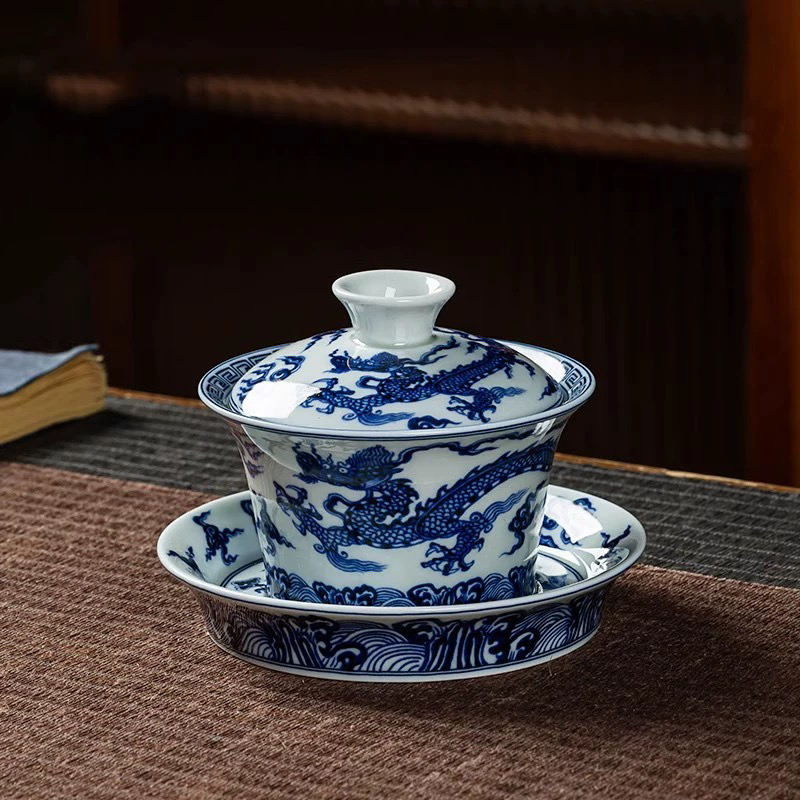 景德镇七丞堂青花龙纹三才盖碗不烫手功夫茶具杯子盖置压手杯缸杯