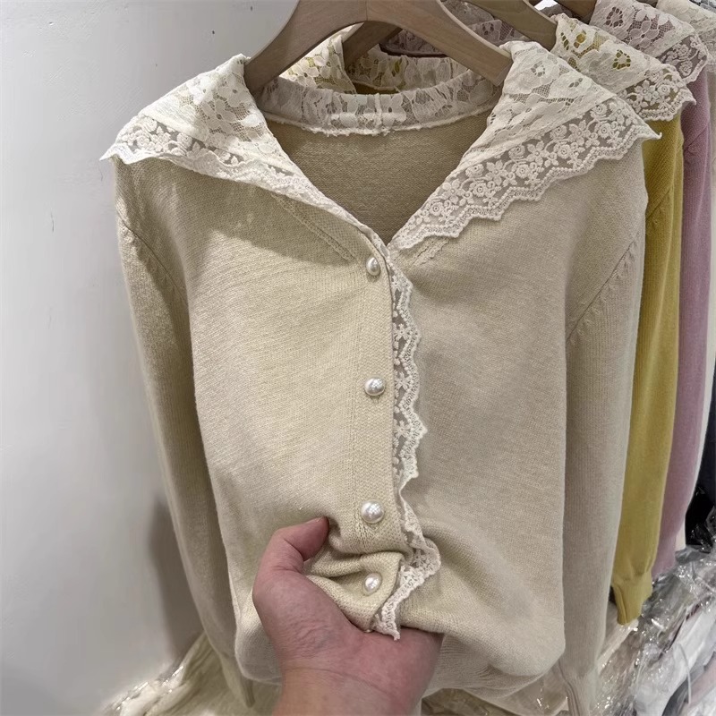 2025新款设计蕾丝边拼接长袖针织衫开衫连帽衫大码女装上衣A5-37