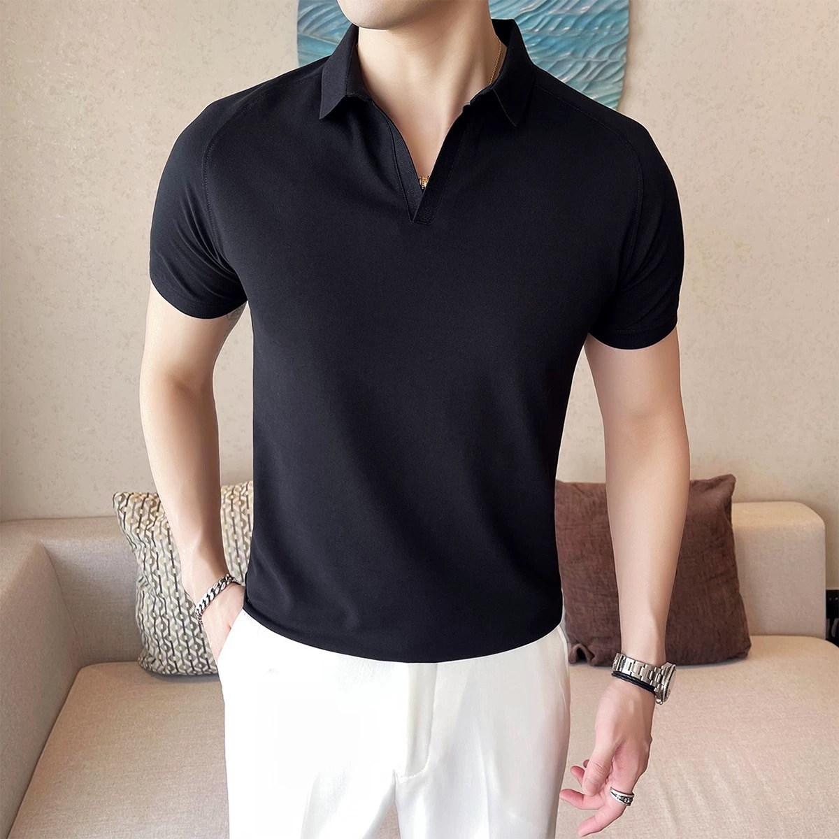 polo衫男短袖夏季冰丝痞帅高级感成熟稳重男装商务高端修身t恤