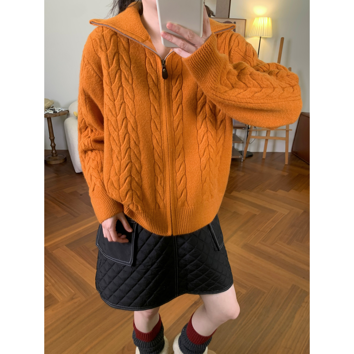 韩系显白麻花翻领针织拉链衫女秋冬新款软糯百搭显瘦皮标毛衣外套