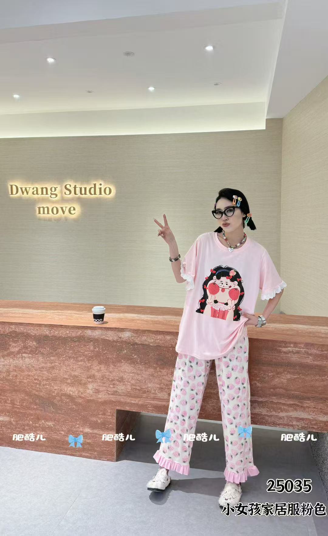 秋季新款女士大码纯棉胖胖女孩短袖长裤睡衣家居服套装25035