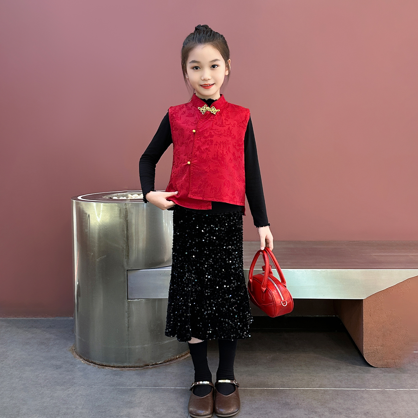 卡酷丘女童秋装新款2025套装童装马甲鱼尾裙打底中式儿童衣服秋款