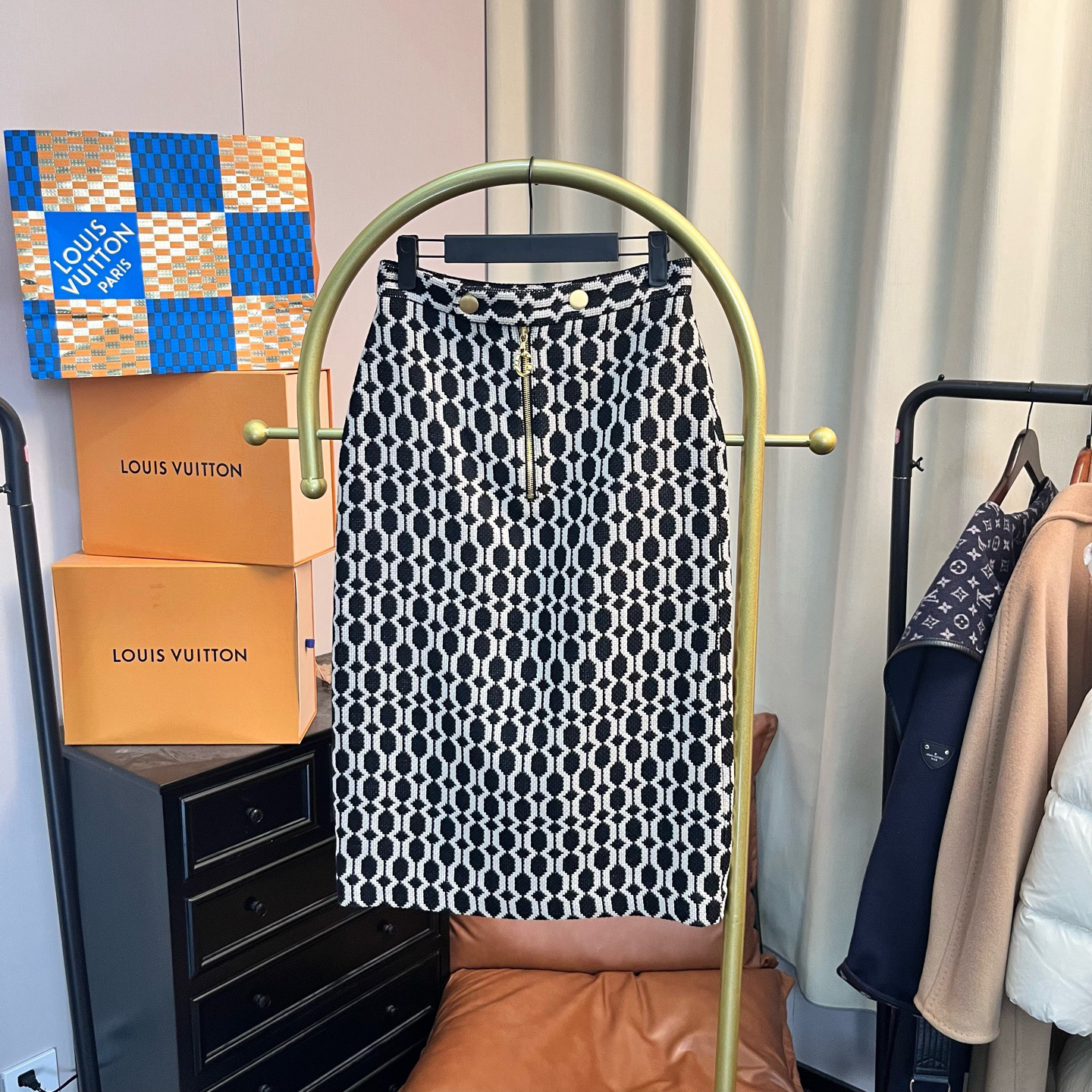 99新 GUCCI/古驰 梅芙 黑白菱格半身裙 40码