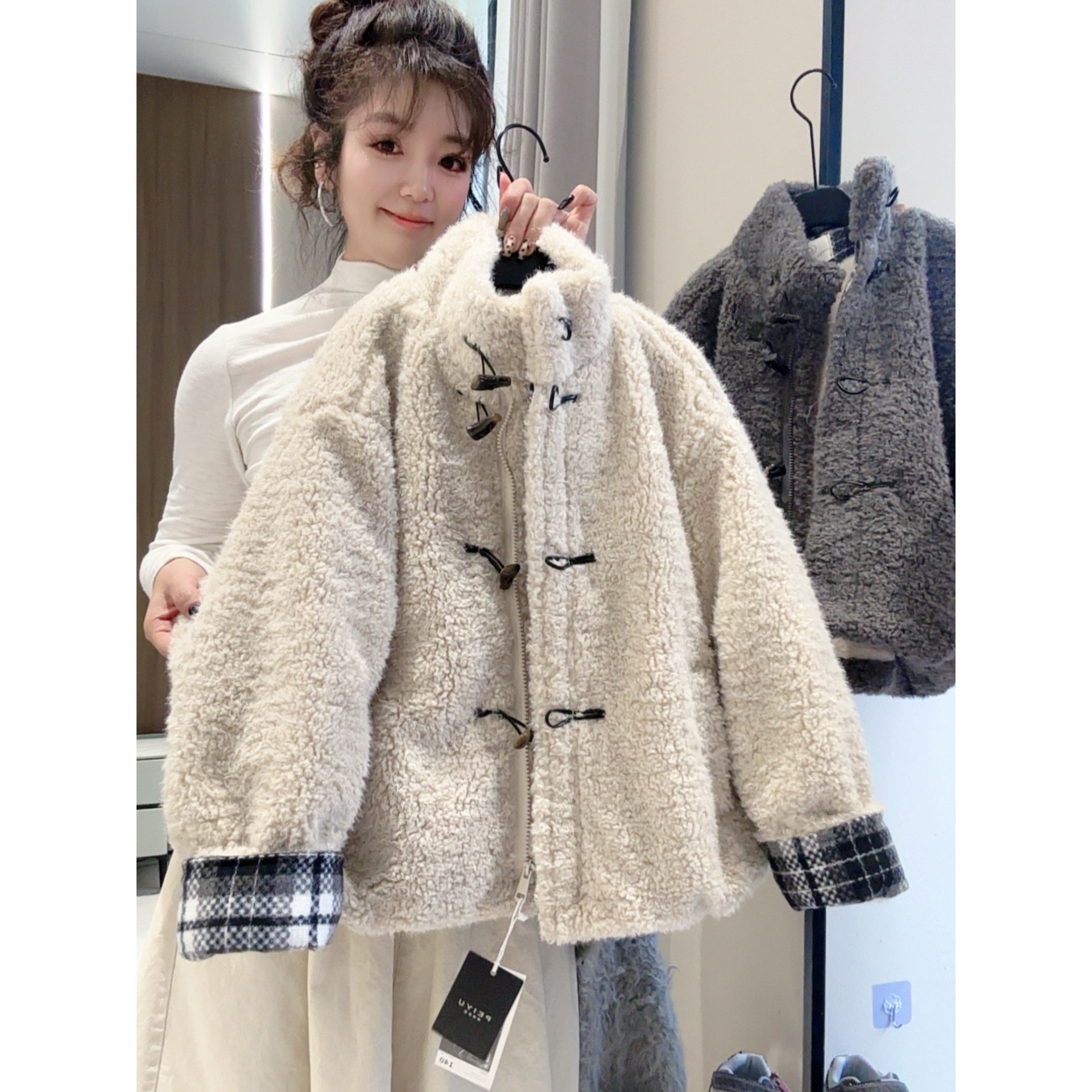 儿童拼接加厚棉服2025冬季新款韩版男女童格子毛毛外套加厚棉衣