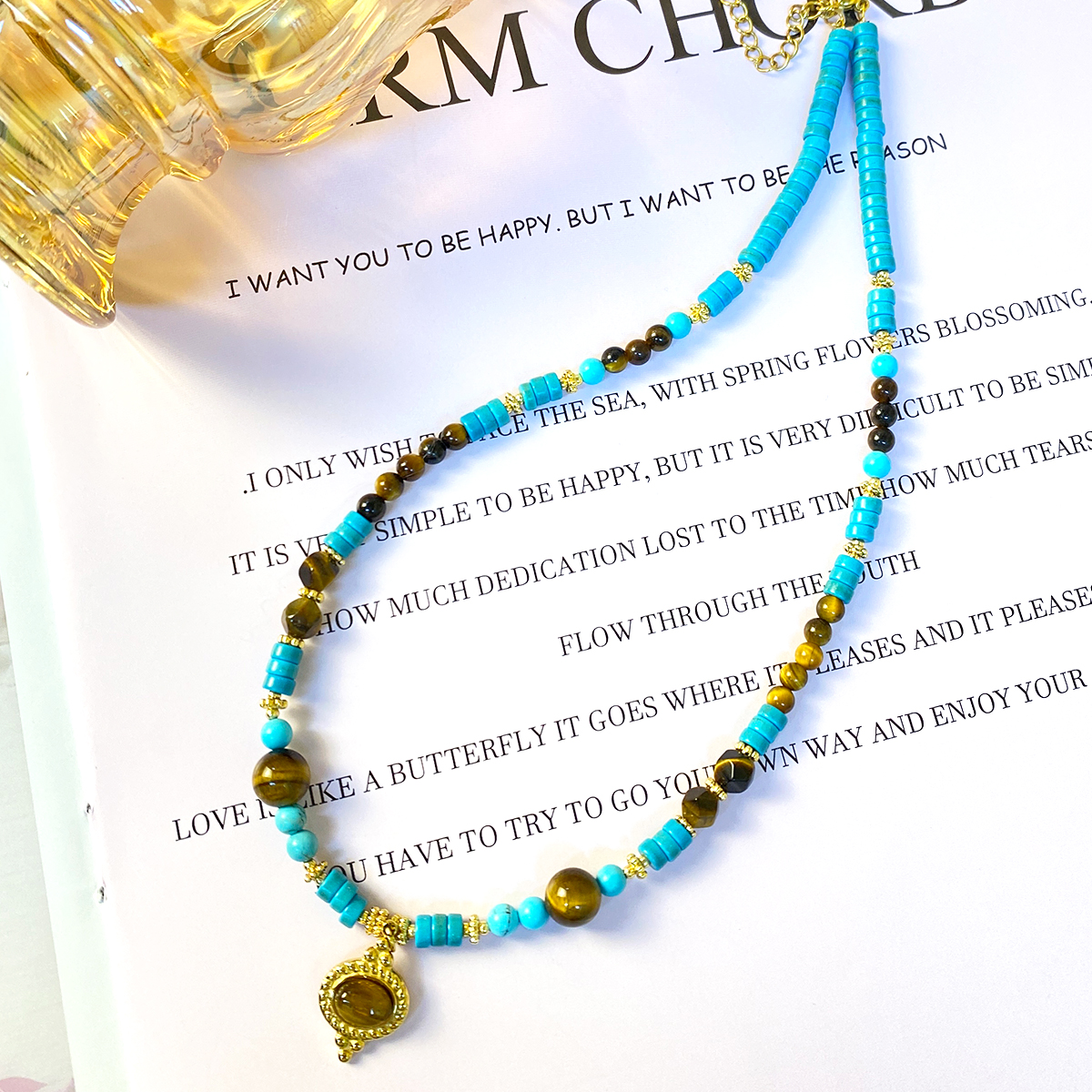 钛钢项链 虎眼松松串珠项链手工气质蓝色轻奢时尚百搭复古彩色