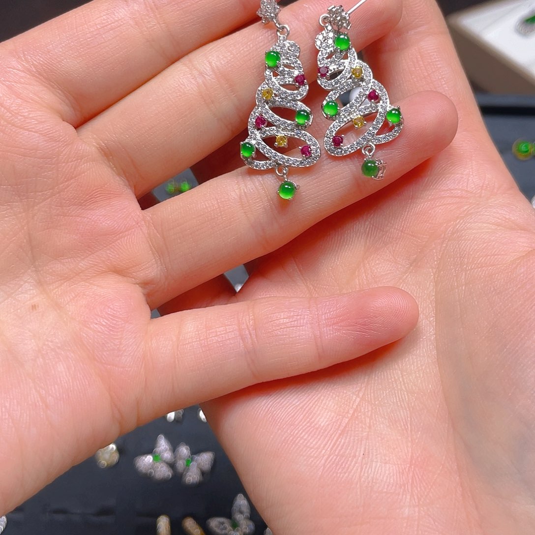 翡翠戒指银S925镶嵌耳钉