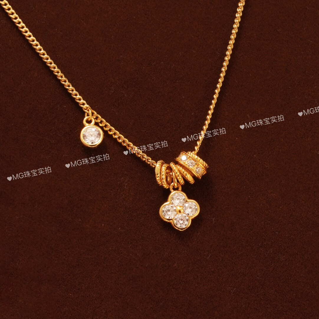  项链 H132黄色5A锆石四叶花项链/老花
