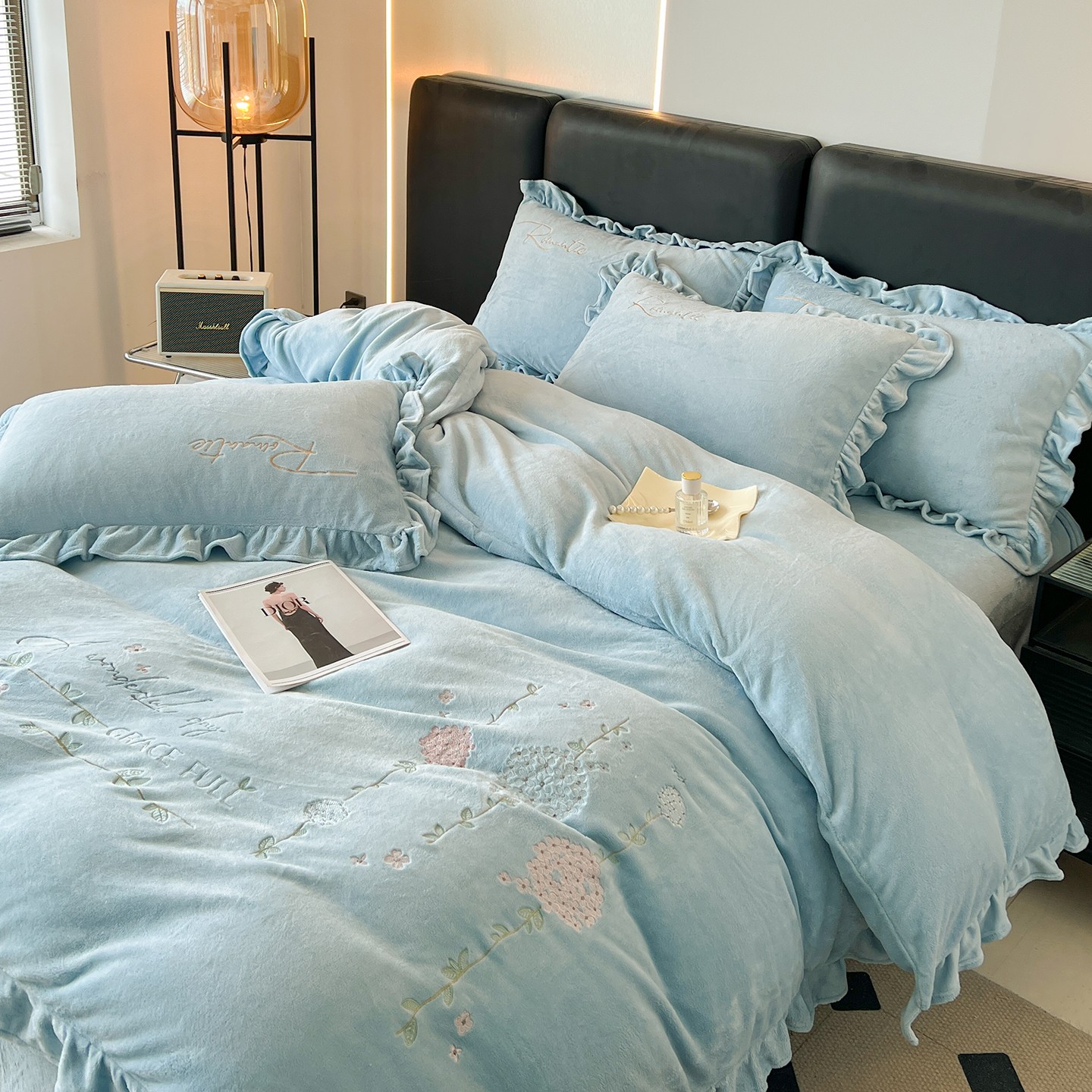 【蒲公英--蓝色】高克重加绒加厚绣球花刺绣牛奶绒四件套