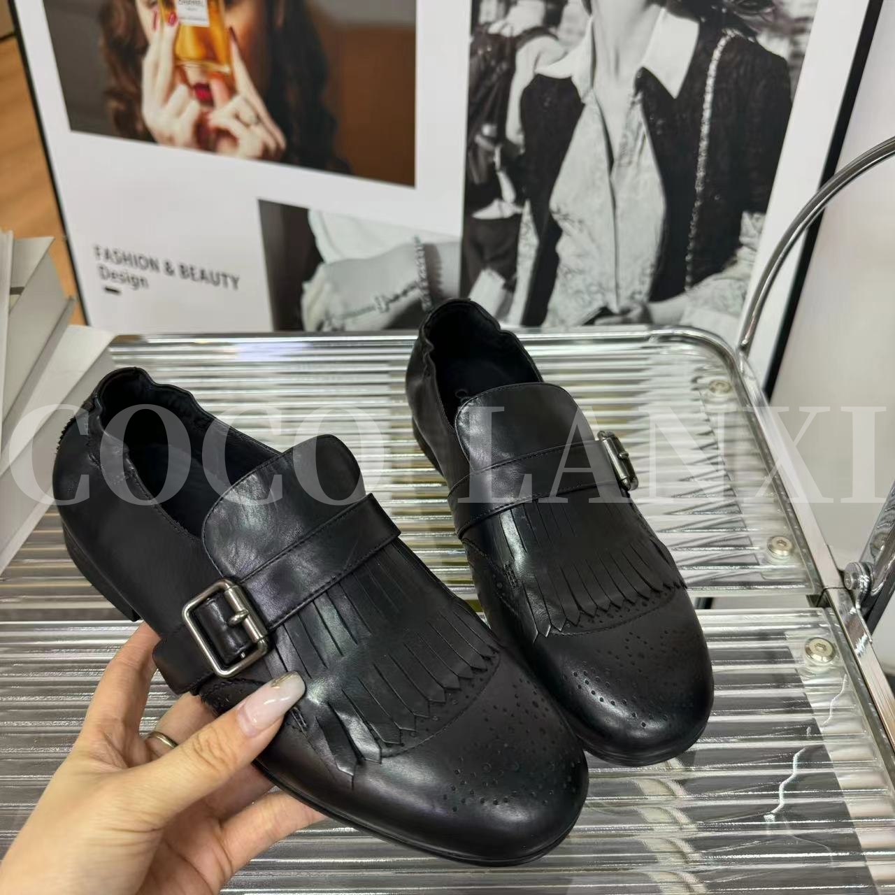 【COCO LANXI】舒适时尚百搭黑色软底透气休闲平跟乐福鞋25LF025LX