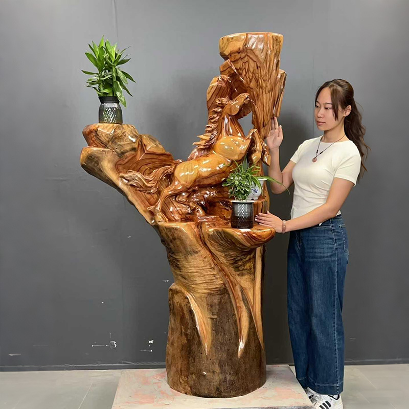 香樟木根雕花架摆件实木树桩客厅阳台底座树根摆件架马到成功