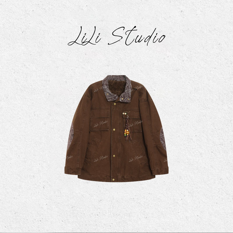 丨不理理「毛里棕腰果」拼接领宽松休闲工装风复古外套