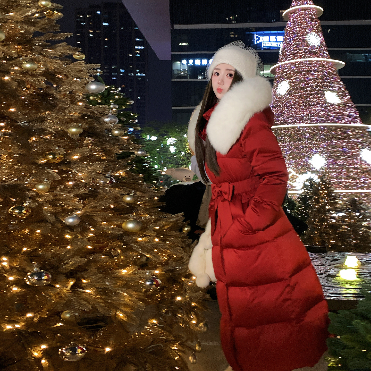 冰冰来了【甜心日记】简约少女连帽羽绒服长款白鸭绒收腰外套27451