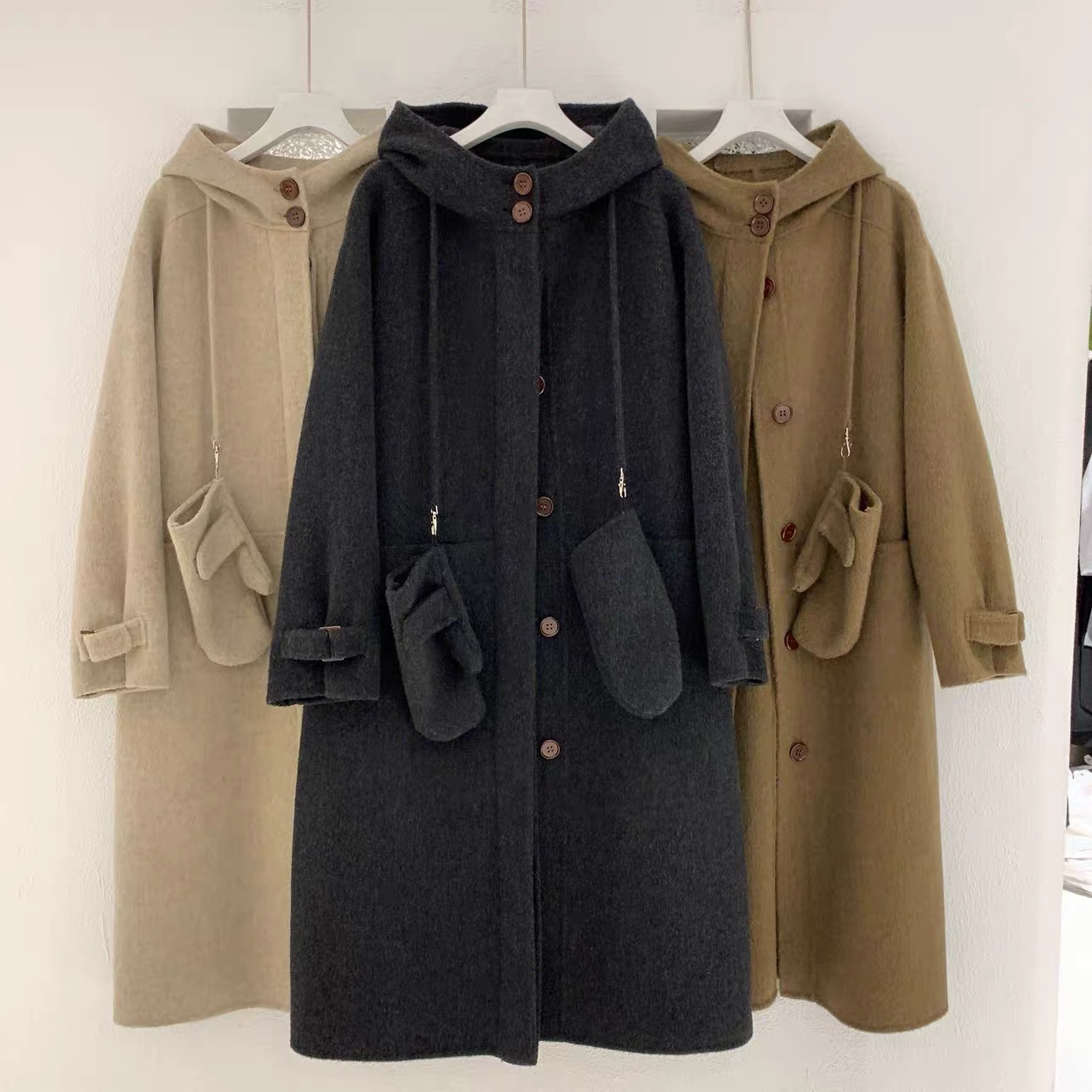 新款加厚连帽带手套双面中长款大衣女H版型大口袋外套