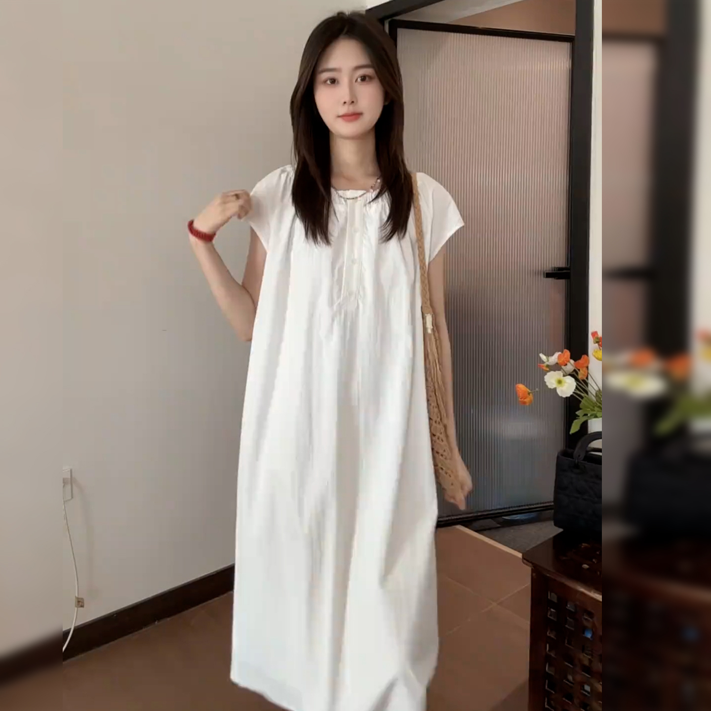 【现货+运补】白色短袖衬衫连衣裙夏季法式宽松减龄a字裙长裙4377