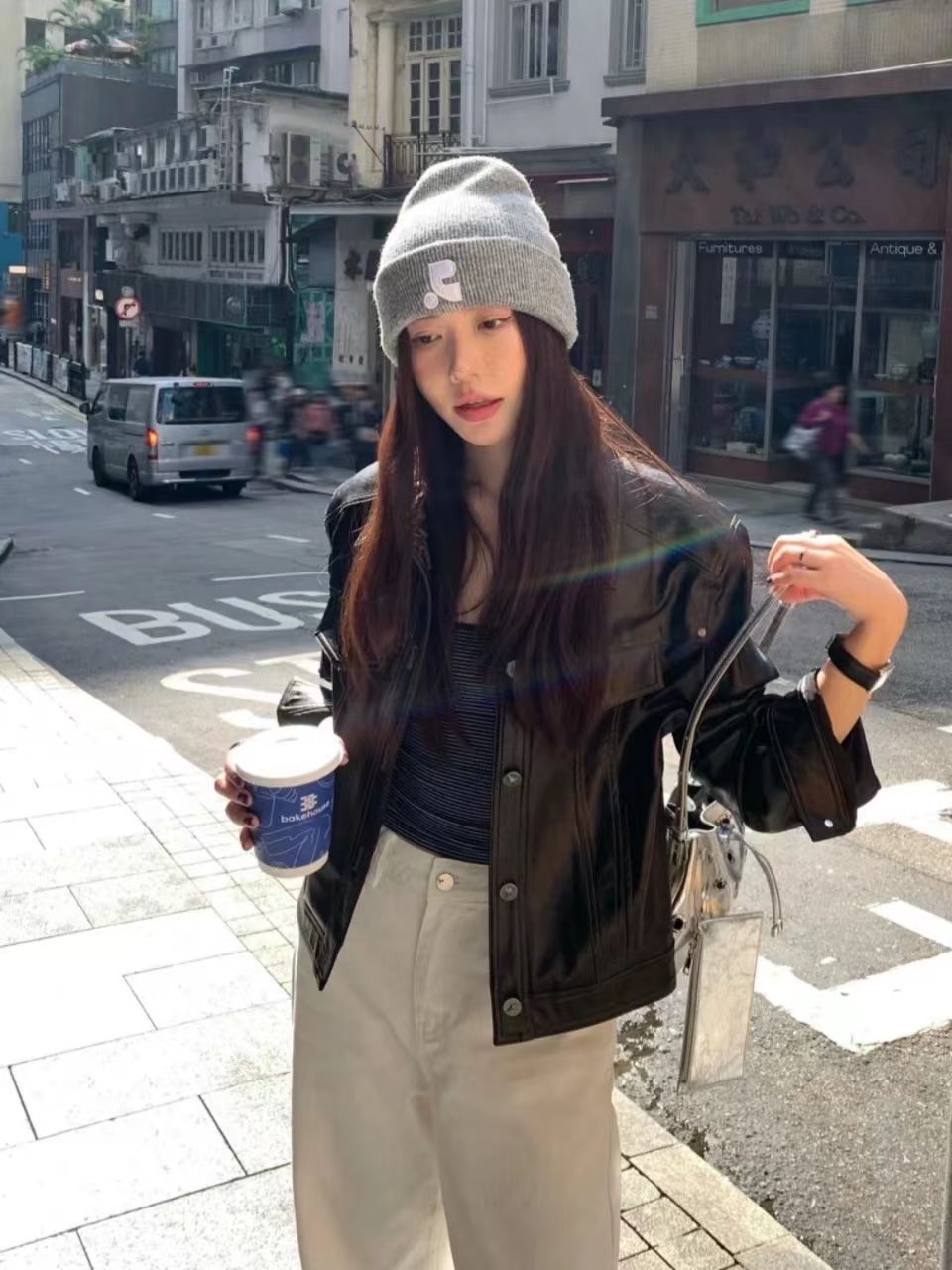 A682 灰色针织刺绣护耳男女同款针织帽