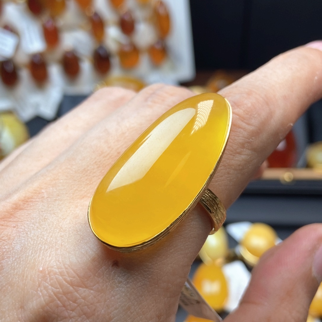 琥珀银S925镀金镶嵌戒指