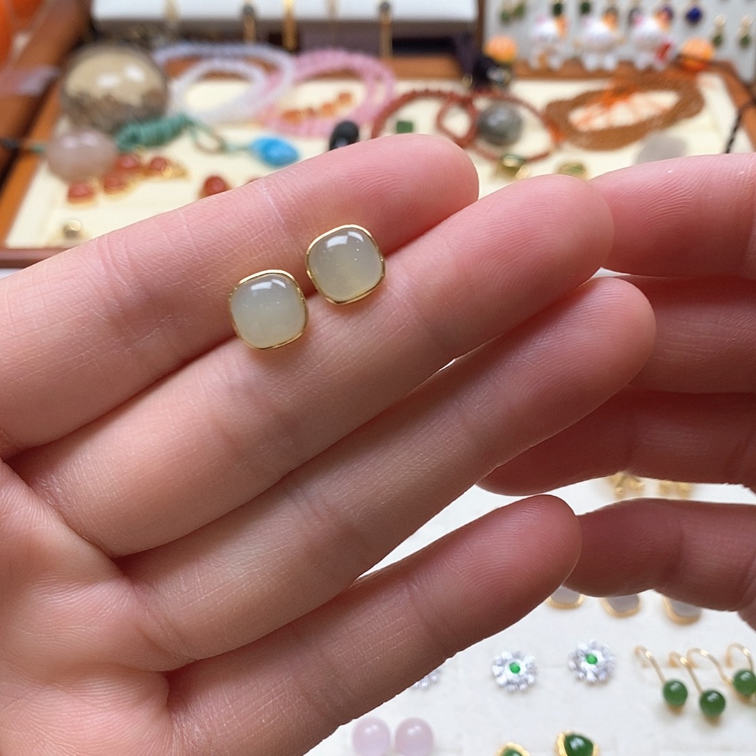 和田玉耳饰银S925镶嵌