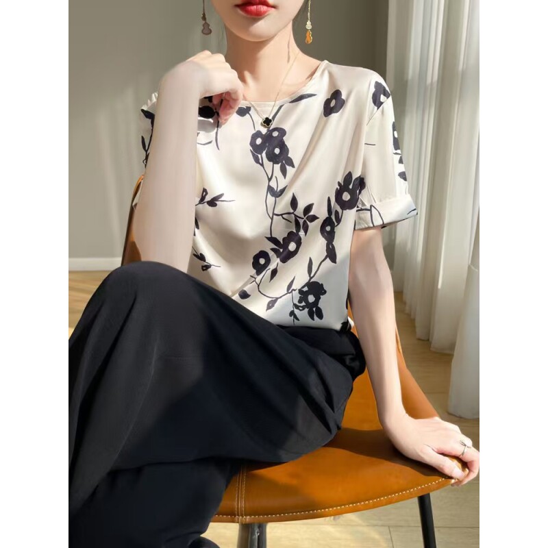 【运费补贴】100%桑蚕丝圆领短袖水墨印花上衣T恤打底衫