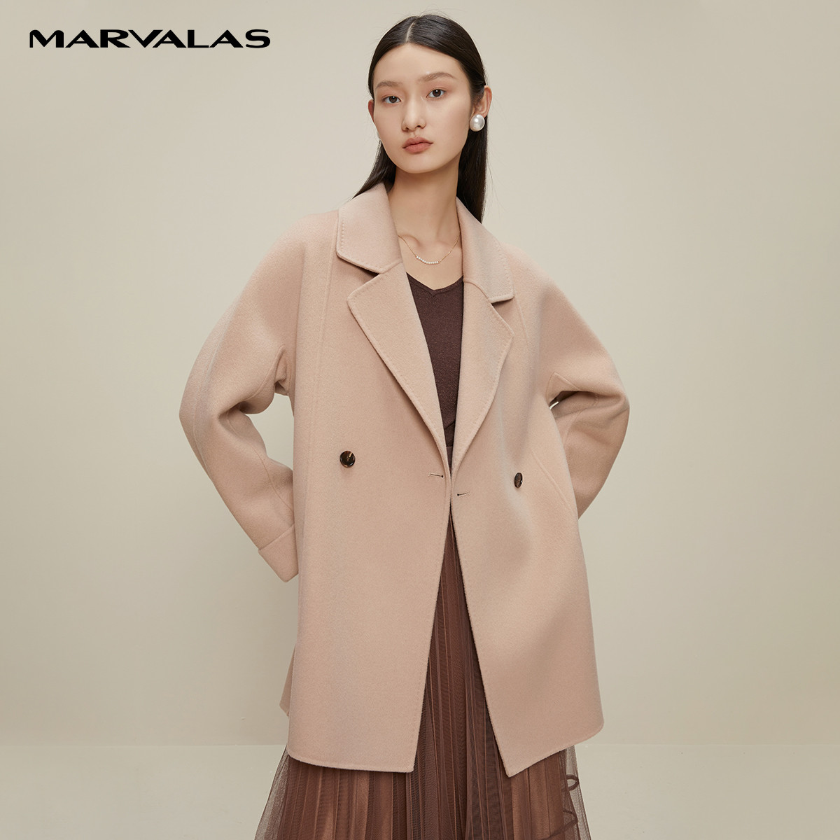 西装式短款双面呢百搭大衣冬中长款毛呢宽松外套D426300909