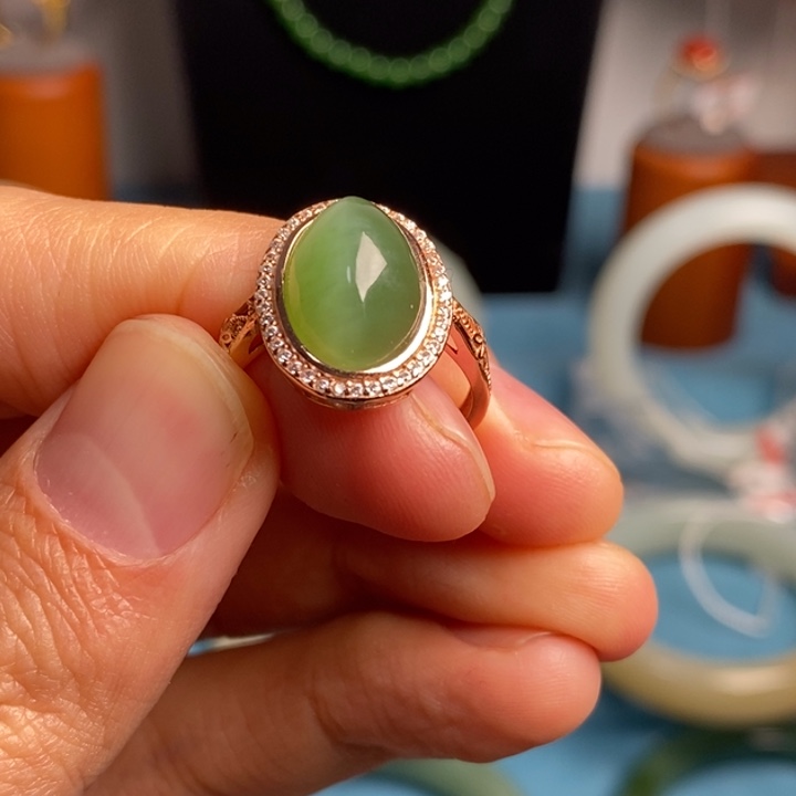 和田玉（碧玉）银S925镀金镶嵌戒指