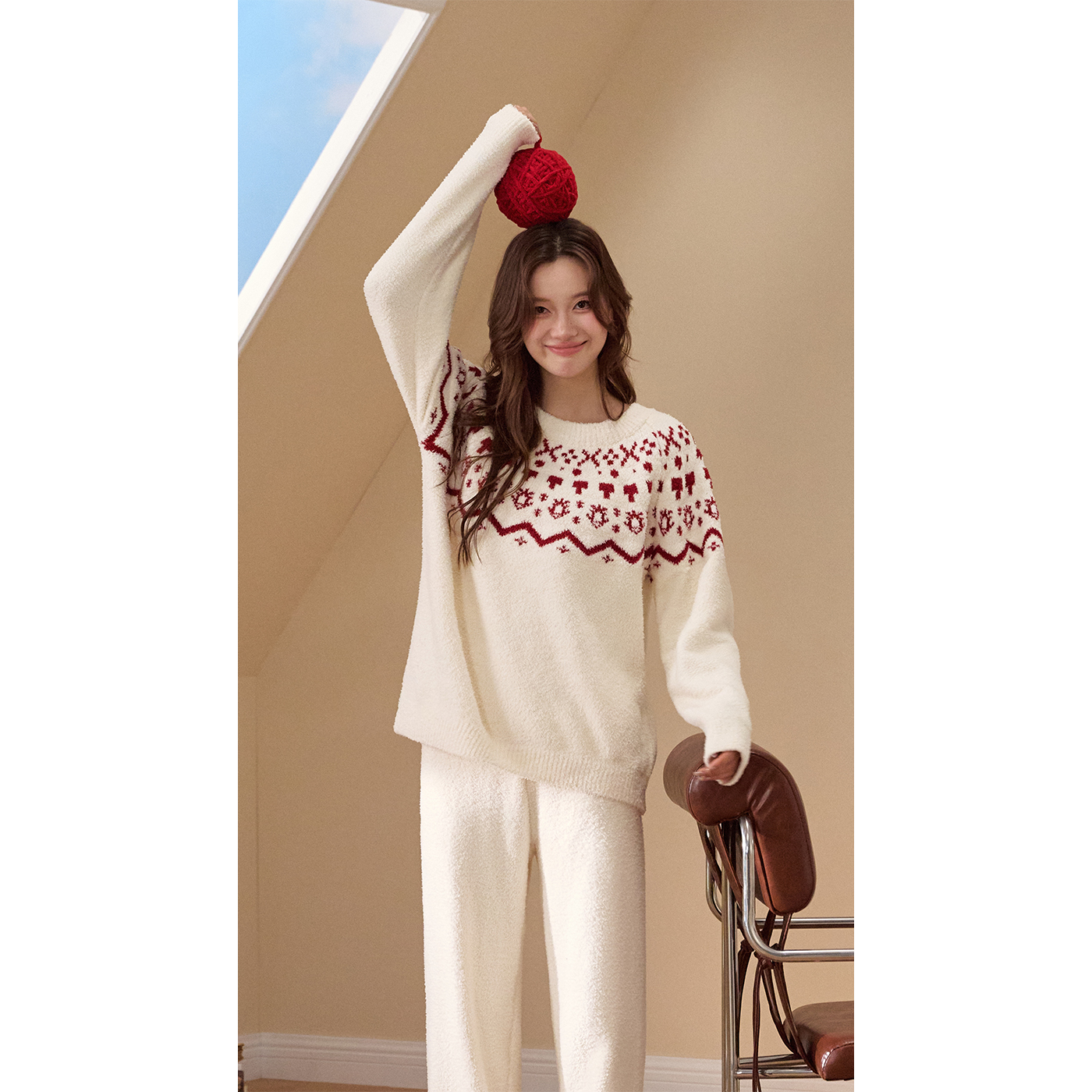 【喜家点】圣诞款2025秋冬新款费尔岛半边绒保暖长袖家居服套装休闲