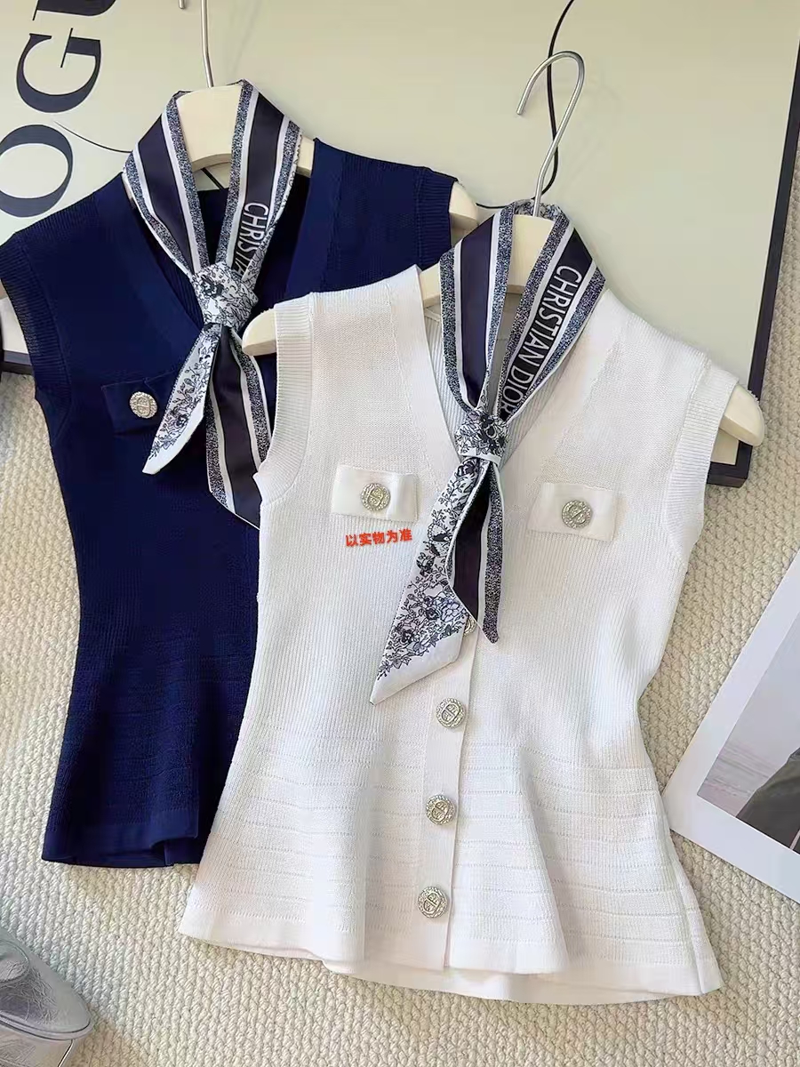 洋气毛针织衫无袖翻领气质小香风时尚上衣夏季V领6358