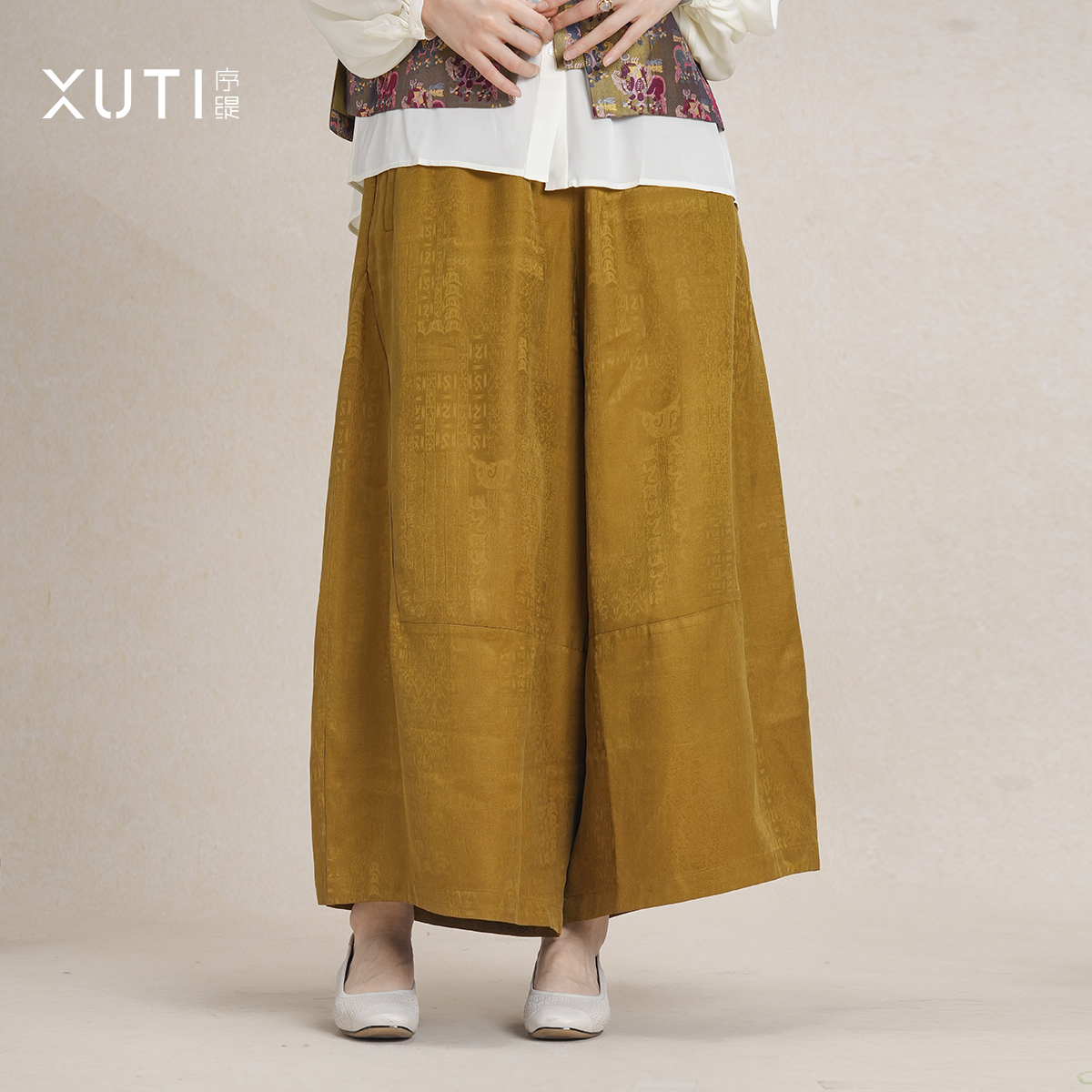 序缇非遗上久楷 新中式休闲阔腿裤女早春宽松裤子H116-27580