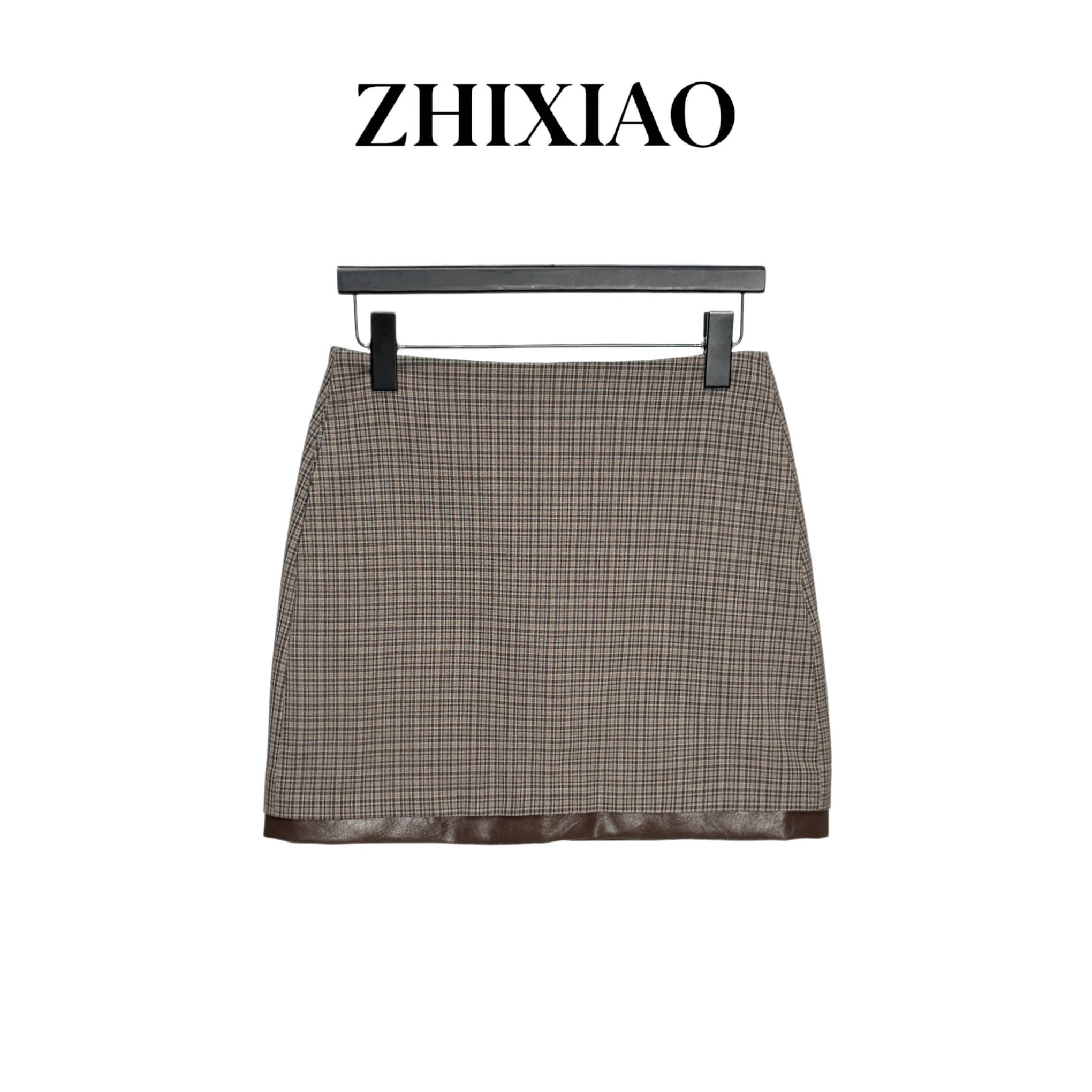 【ZHIXIAO】秋冬新款：拼皮格子短裙250363