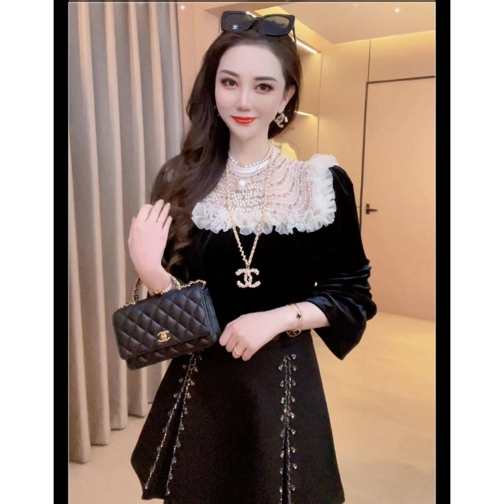 【迈阿密】重工钉珠气质显瘦轻奢百搭丝绒气质上衣