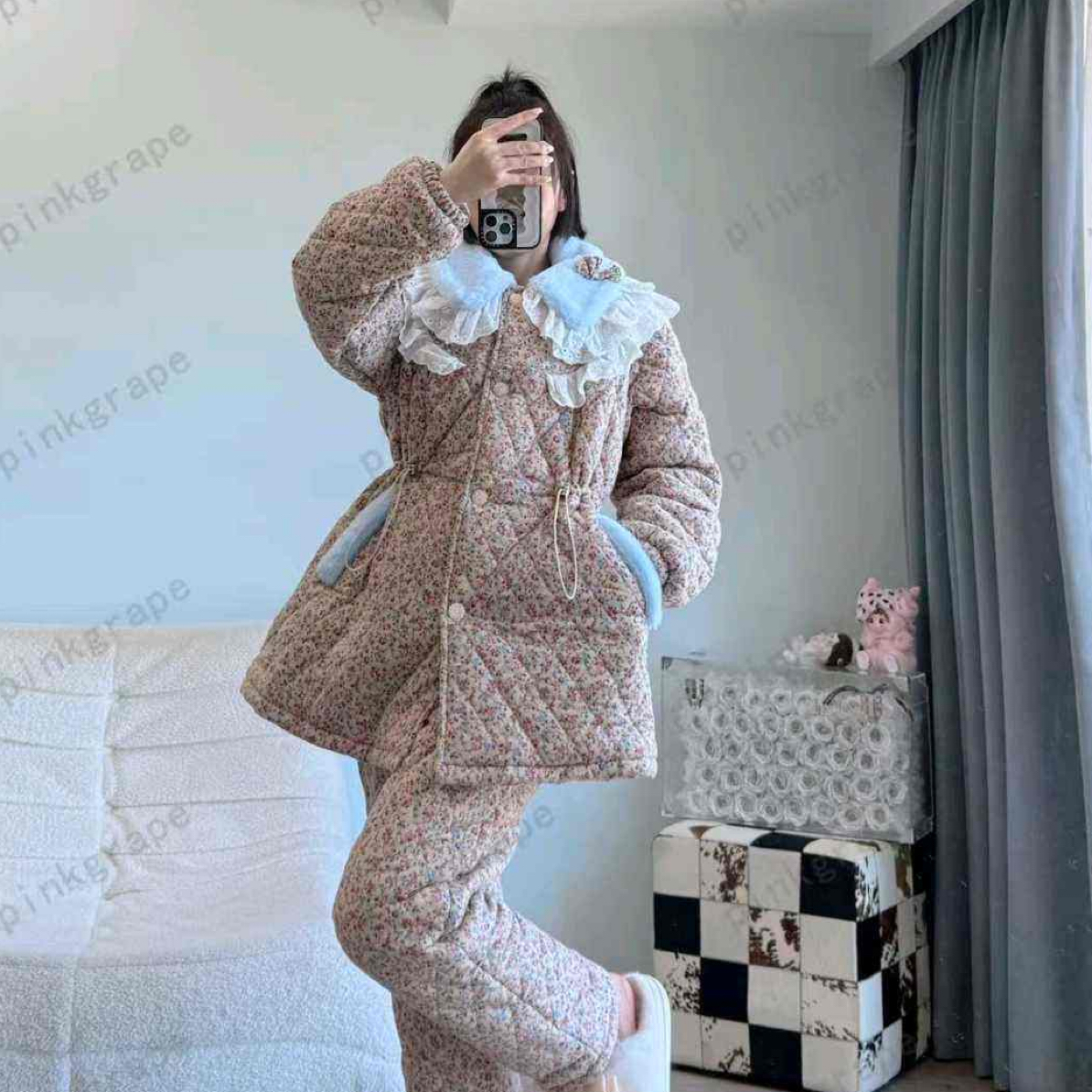 冬季三层夹棉加厚保暖女士小碎花花边领睡衣家居服