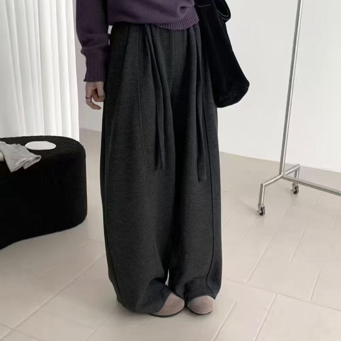 【加绒弯刀裤首选】秋冬新款高腰纯色直筒弯刀裤宽松老钱风系带女