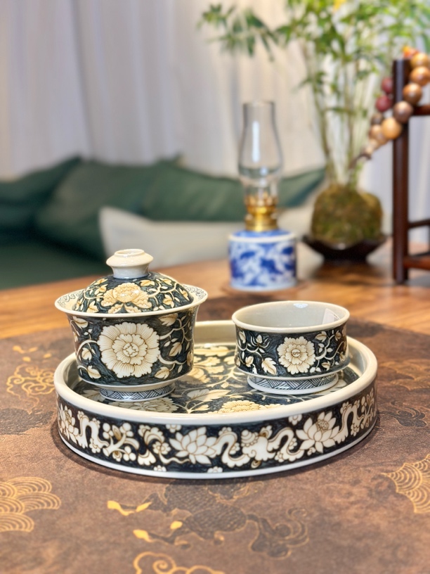 景德镇立勤堂手工手绘青花釉里金蓝底四项牡丹精美高档陶瓷茶具