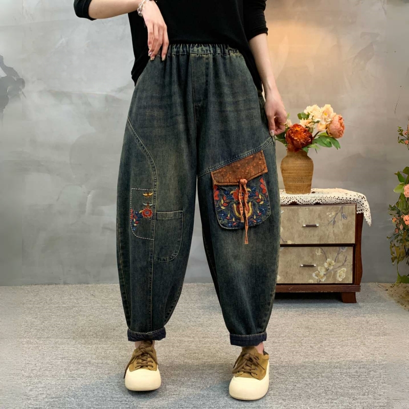 205复古水洗休闲贴布牛仔裤秋季新款宽松显瘦大码女士做旧哈伦裤