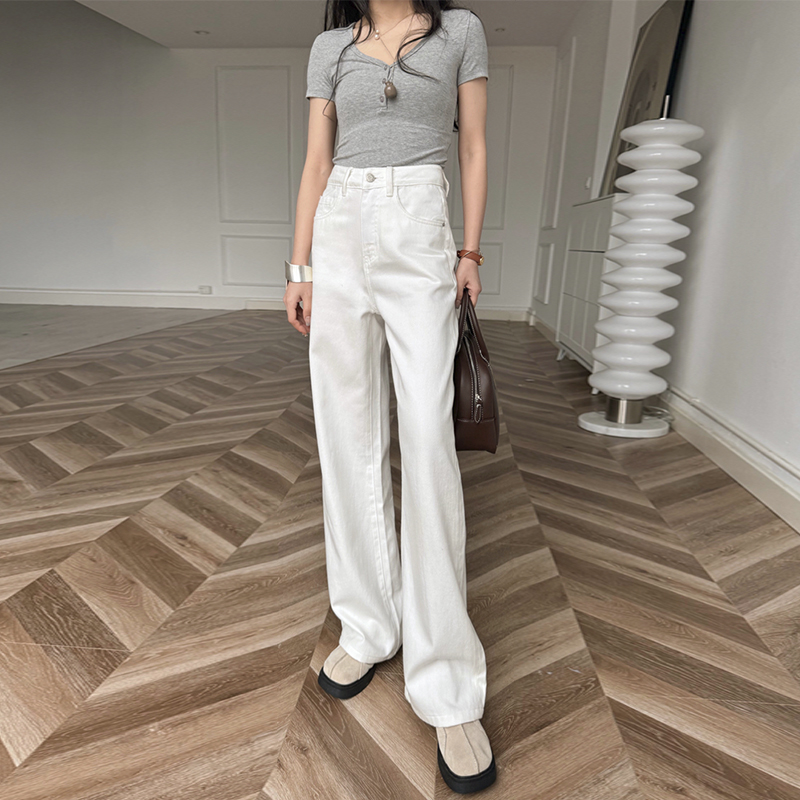 裤长115cm 白色窄版阔腿牛仔裤女秋冬加绒高腰垂感宽松显瘦直筒裤