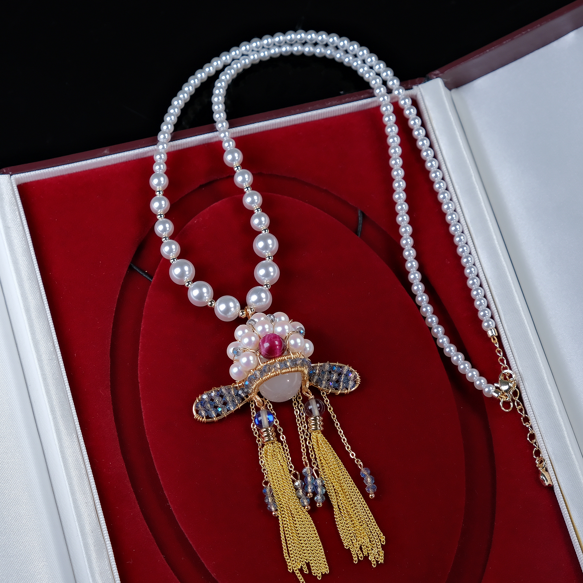 铜合金仿珍珠项链 2025年新款国风京剧状元文曲星项链毛衣链秋冬