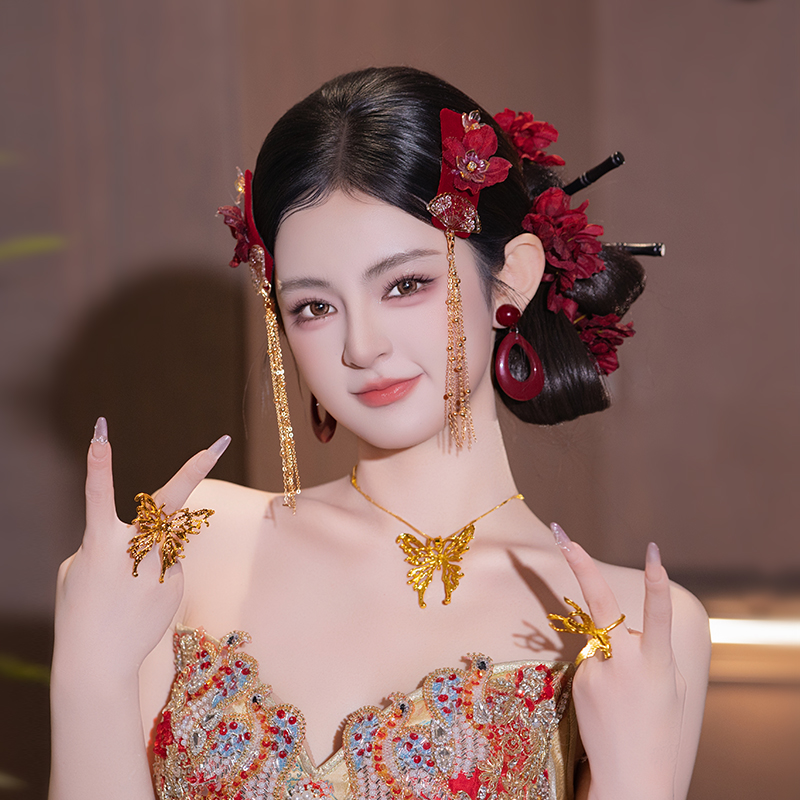 合金婚庆饰品 新娘酒红色花朵头饰新中式金色流苏发夹套装MT2572