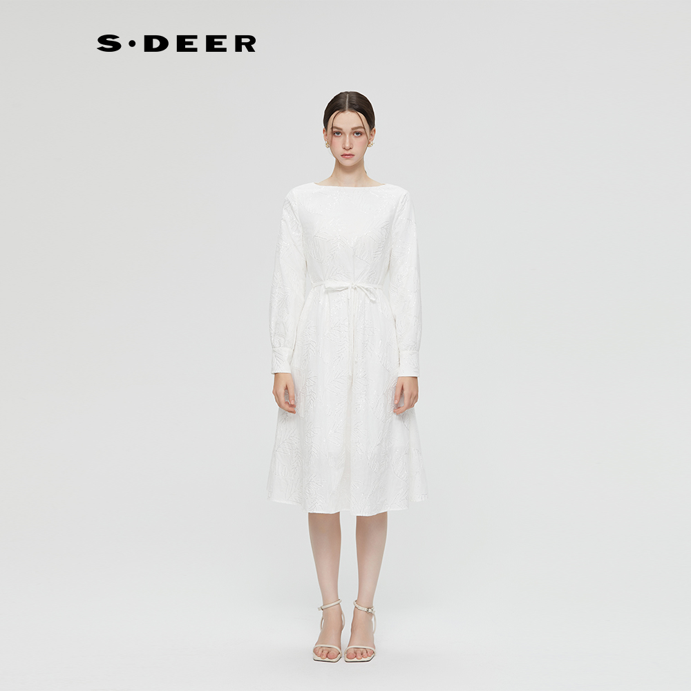 S·DEER圣迪奥女装显瘦气质长袖白色时尚法式收腰连衣裙S253Z1298