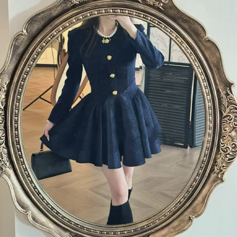 高级感圆领连衣裙女春季小香风气质名媛收腰显瘦百褶长裙D0122  