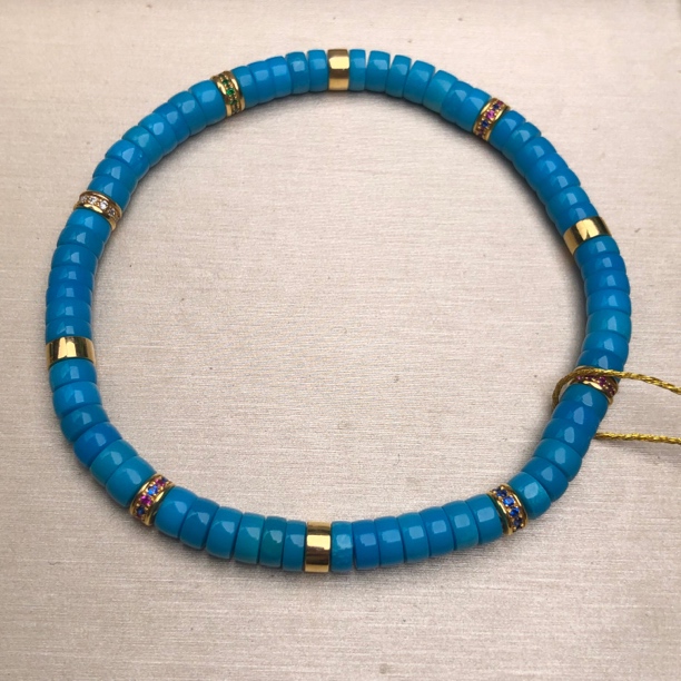 湖北十堰文鹏精品原矿绿松石直切单圈手串高瓷蓝男女款手工无优化