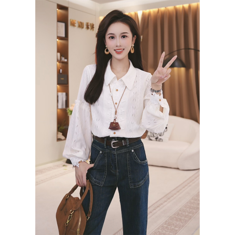 法式宽松拼接翻领长袖衬衫女2025秋季新款时尚百搭显瘦TU30441