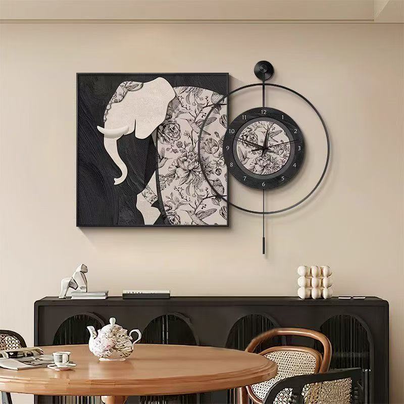中古风大象餐厅挂画钟表组合装饰画复古动物高级感餐桌背景墙挂画