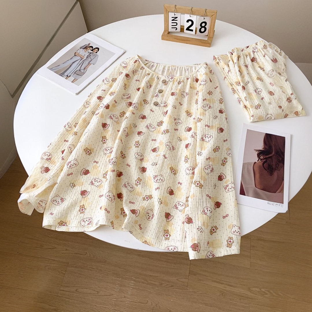 2025新款纯棉三层棉纱可爱卡通蛋糕熊少女睡衣女春秋长款大码可穿