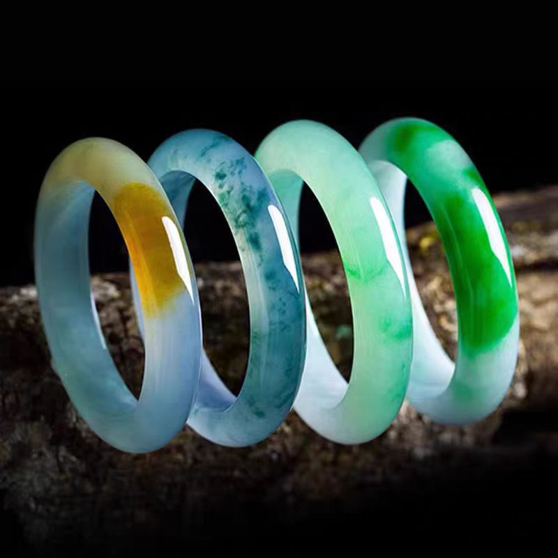 3福利女款绿色冰透测量圆条宽边平安镯飘绿少女贵妃手镯美人镯版